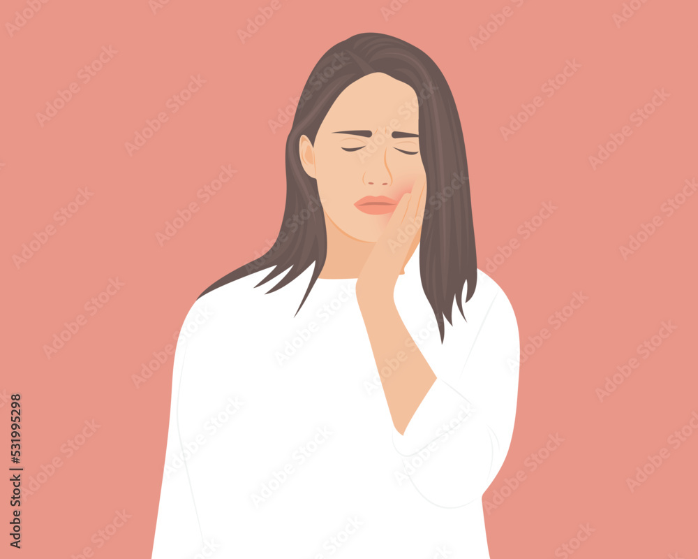 Young woman suffering from toothache, gum disease, caries. Oral care concept vector illustration. Young woman suffering from toothache, gum disease, caries. Oral care concept vector illustration.
