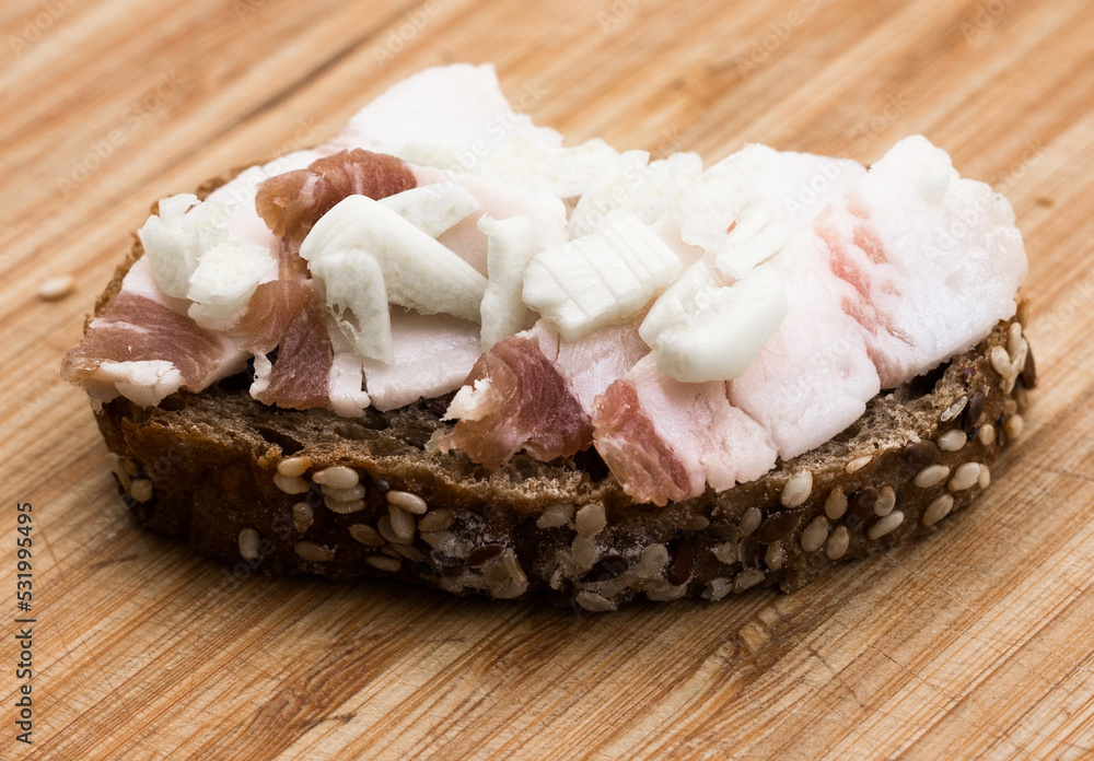 Russian sandwich with brown bread, lard and garlic Russian sandwich with brown bread, lard and garlic