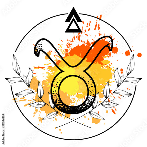 taurus zodiac symbol tattoo watercolor splatter flowers lines illustration in vector format
