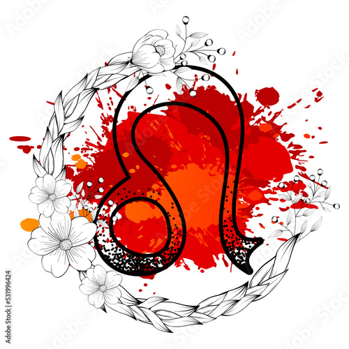 leo zodiac symbol tattoo watercolor splatter flowers lines illustration in vector format