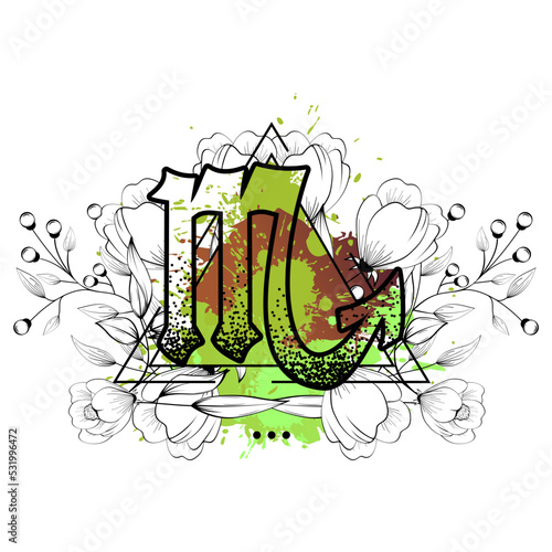 scorpio zodiac symbol tattoo watercolor splatter flowers lines illustration in vector format