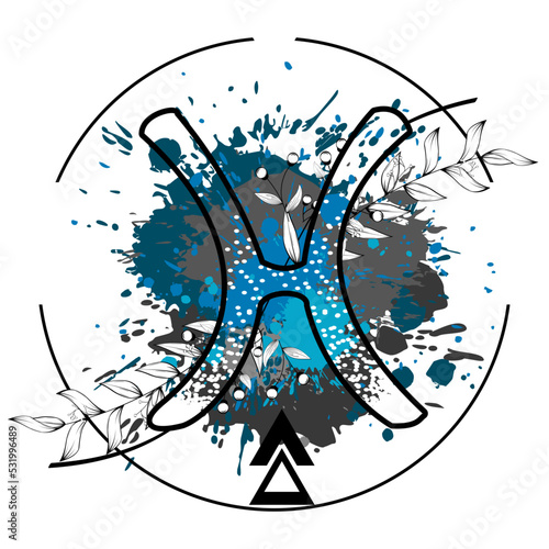 pisces zodiac symbol tattoo watercolor splatter flowers lines illustration in vector format