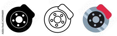 The braking system of a car. Brake disc and pad. Vector clipart set isolated on white background.