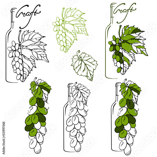 set of grapes and wine and leaves