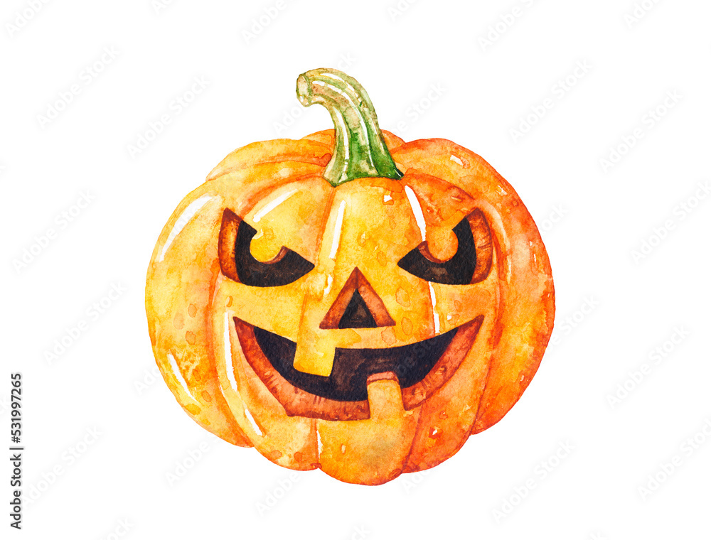 Watercolor halloween scary smiling pumpkin on white, jack o lantern. Watercolor halloween scary smiling pumpkin on white, jack o lantern.