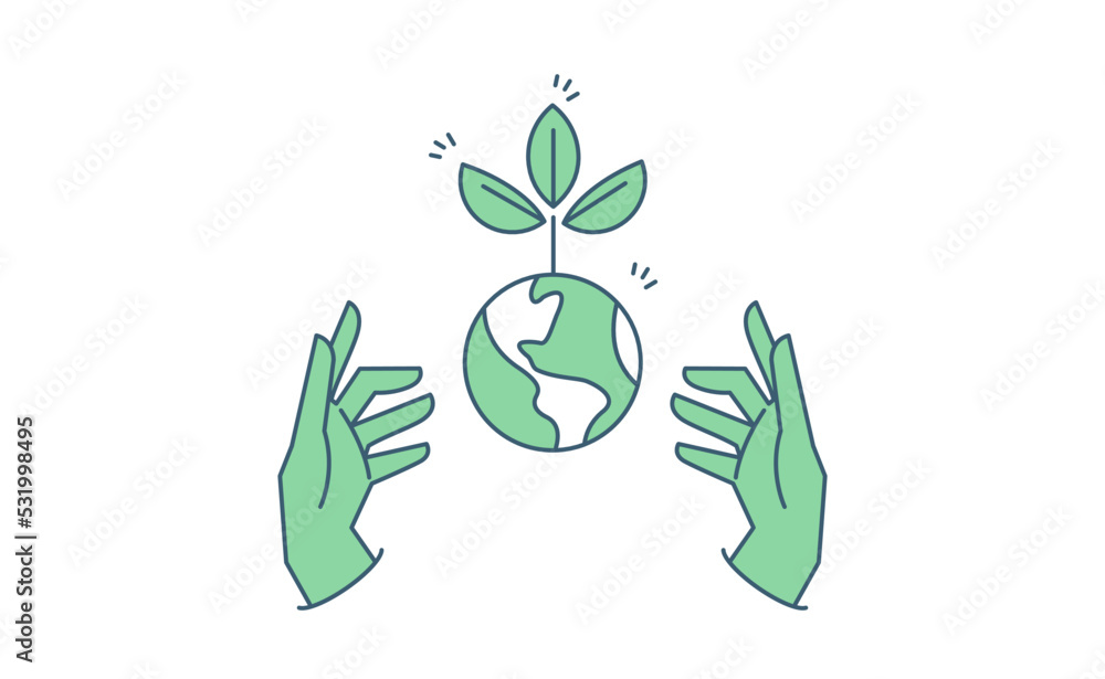 Sustainable ecologic environment concept. Hand holding planet earth. Linear vector illustration. Sustainable ecologic environment concept. Hand holding planet earth. Linear vector illustration.