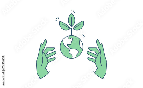 Sustainable ecologic environment concept. Hand holding planet earth. Linear vector illustration.