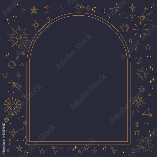 Astral celestial frame with stars, hands, sun, moon phases, and copy space. Mystic design. Ornate magical banner with a place for text. Linear geometric border