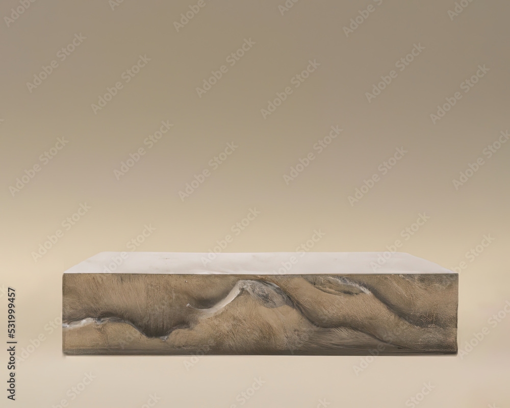 beige stone podium, Cosmetic display stand on beige background. 3D rendering realistic - obrazy, fototapety, plakaty 