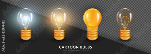 Collection of  four 3d switched on and off incandescent bulbs. Vector cartoon yellow and transparent glowing lightbulbs. Realistic glossy filament lamps for decoration. Electricity turned on and off