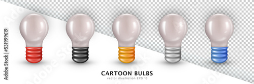 Collection of five cartoon three dimensional fluorescent bulbs. Realistic vector glowing incandescent lightbulbs. Front view of 3d filament lamps isolated on white and transparent background.