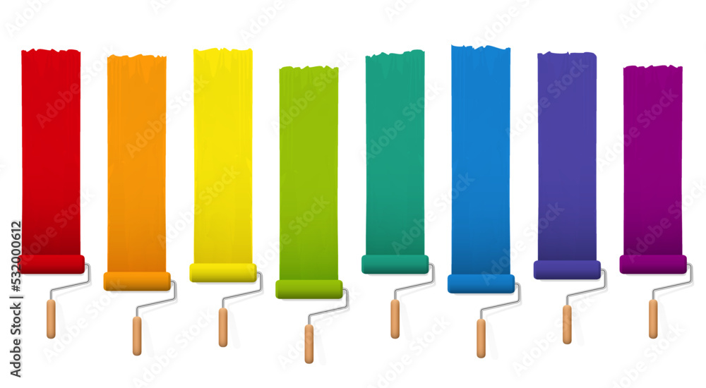 Paint rollers with colorful bright color fields, red, orange, yellow