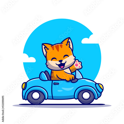 Cute Cat Driving Car Cartoon Vector Icon Illustration. Animal Transportation Icon Concept Isolated Premium Vector. Flat Cartoon Style