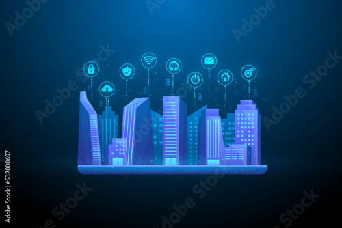 smart city internet network system on phone. internet of things with icon technology. buildings skyscraper digital on tablet. real estate innovation investment modern. vector illustration digital.