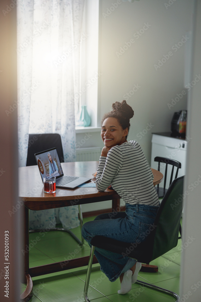 Through the door shot of young pretty woman smiling during online video call on laptop at home Through the door shot of young pretty woman smiling during online video call on laptop at home