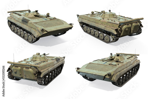 Renders of 3d-model of Soviet military vehicle BMP-1 on white background photo