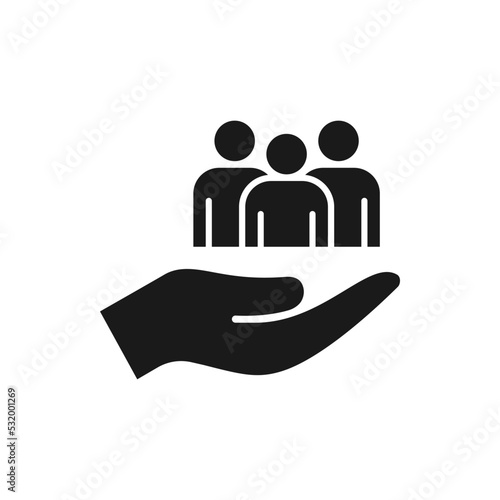 Customer support. Human resource. People on hand flat icon isolated on white background. Vector illustration