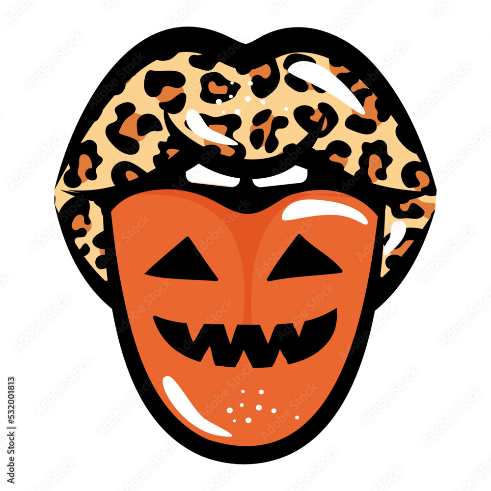 Happy Halloween lips in leopard color and with pumpkin lantern tongue. Good for T-shirts, decoration, funny Halloween costume or decoration. Happy Halloween lips in leopard color and with pumpkin lantern tongue. Good for T-shirts, decoration, funny Halloween costume or decoration.