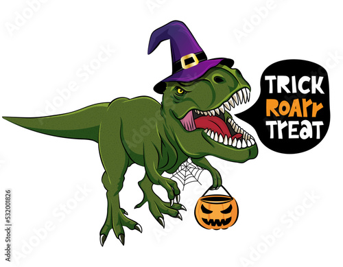 Trick roar treat - T rex tyrannosaurus with witch costume. Cute roaring happy dinosaur with witch hat. Dino character in cartoon style. Happy Halloween! Good for t-shirt, mug, gift. 