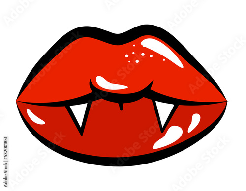 Happy Halloween fang lips in red color and with vampire teeth. Good for T-shirts, decoration, funny Halloween costume or decoration.