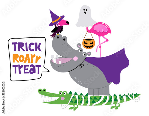 Trick or treat - Cute Crocodile , hippopotamus and flamingo design for Halloween. Lettering poster or t-shirt textile graphic design. Cute flamingo character illustration on isolated background.