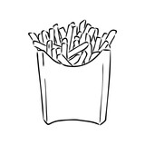 French fries flying to paper box. Sketch style hand drawn illustration. Fried potato. Fast food retro artwork. Vector image Isolated on white.