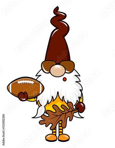 Adorable gnome with american football ball - Nordic magic dwarf. Cute holidays Elf with hat. Vector illustration for Harvest, Thanksgiving or Halloween. I love Fall day.