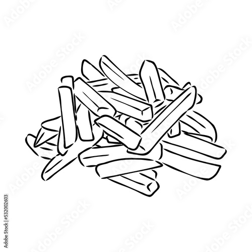 French fries flying to paper box. Sketch style hand drawn illustration. Fried potato. Fast food retro artwork. Vector image Isolated on white.