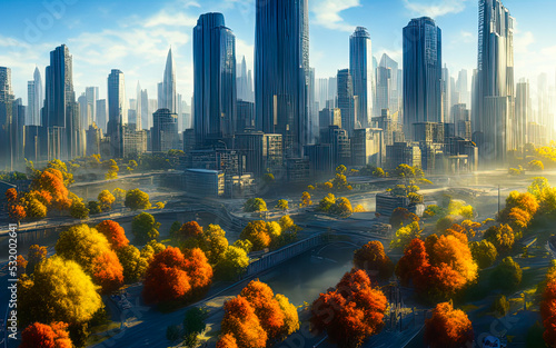 Autumn cityscape painting. Urban city, skyscraper buildings. Park landscape, yellow fall. Orange leaves. Cartoon cityscape illustration. Watercolor, oil paint.