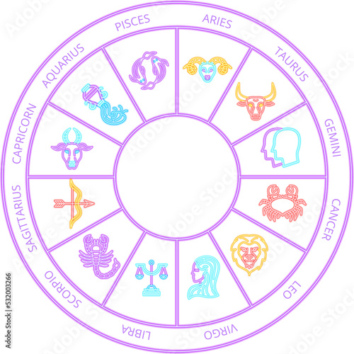 Horoscope Neon Circle. Vector Illustration of Zoodiac Promotion.
