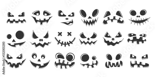 Murais de parede Collection of Halloween pumpkins Black and white carved faces silhouettes