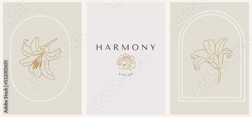 Abstract summer logo template with lilies. Modern minimal set of linear icons and emblems for social media, accommodation rental and travel services.