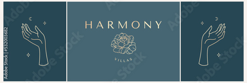 Set of logo design templates in trendy linear style in gold tones. Dawn with flowers - luxury and jewelry concepts for exclusive services and products, beauty and spa industry