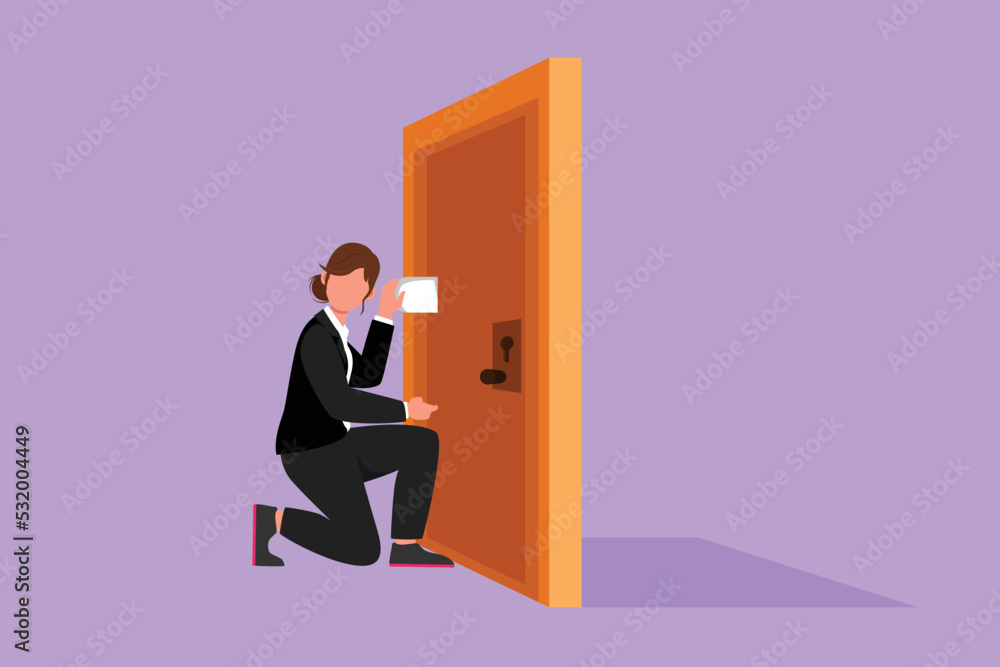 Fototapeta premium Graphic flat design drawing young woman eavesdropping at door. Curious businesswoman listening to conversation in front of the closed door. Privacy violation concept. Cartoon style vector illustration