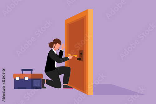 Character flat drawing businesswoman prying doorknob with screwdriver. Woman repair broken handle door knob with handyman tool in tool box. Success business concept. Cartoon design vector illustration