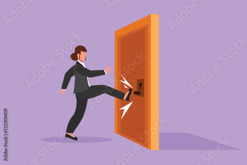 Graphic flat design drawing of young businesswoman kicks door closed with her leg. Aggressive business approach. Business struggles for success in market competition. Cartoon style vector illustration