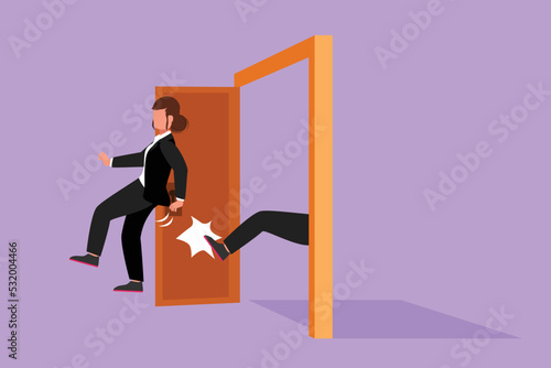 Cartoon flat style character drawing young businesswoman get kicked out of door. Dismissed from job. Unemployment business concept. Boss kicks unnecessary employee. Graphic design vector illustration