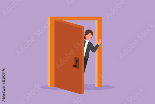 Character flat drawing businesswoman looking from behind open door. Woman peeking of door and wave hands. Cheerful female standing in doorway. Waiting guest to come. Cartoon design vector illustration