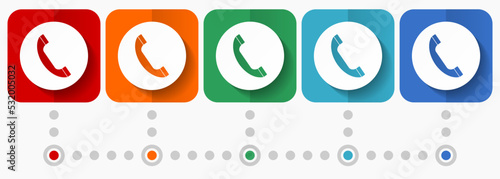 Phone, call, contact vector icons, infographic template, set of flat design telephone symbols in 6 color options