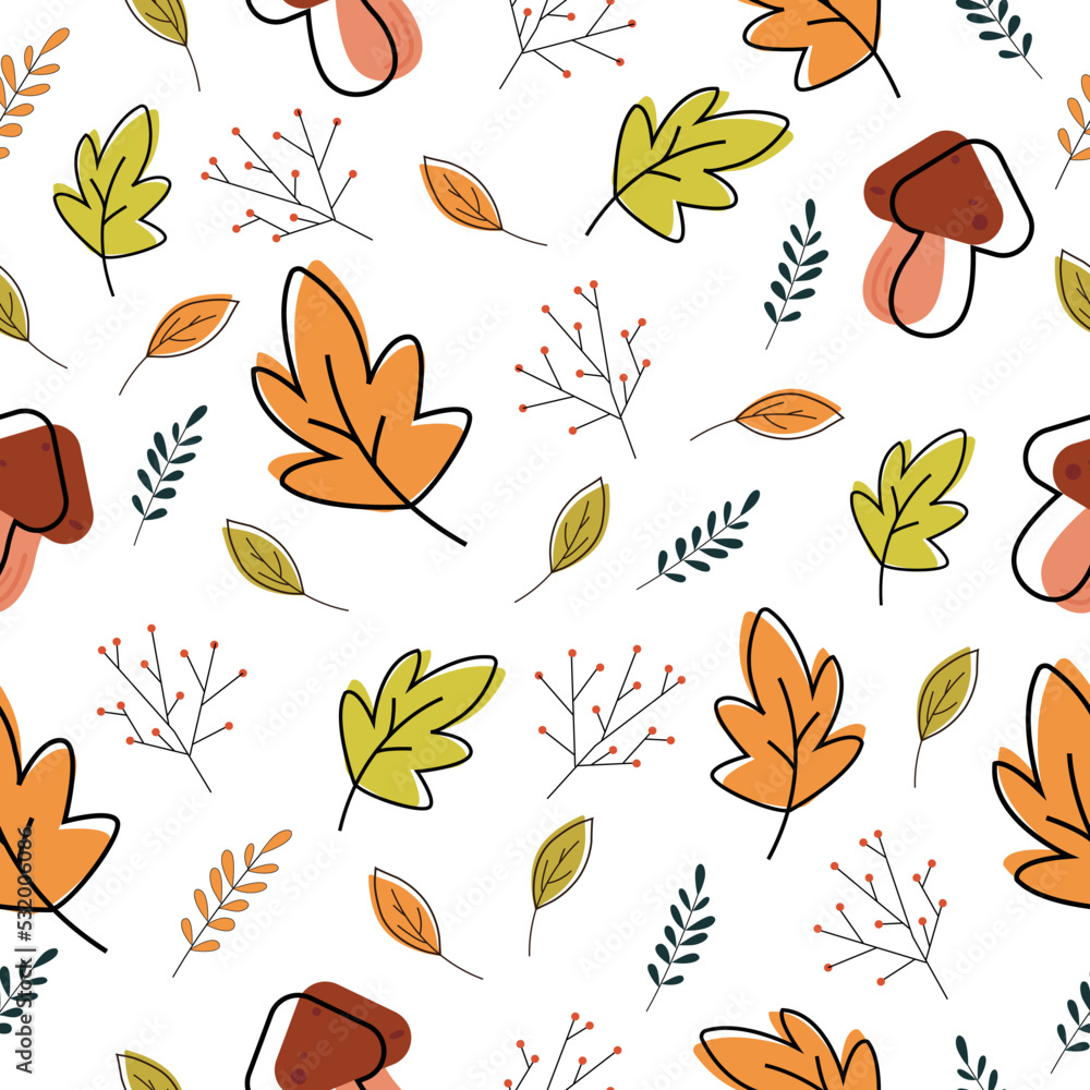 Autumn leaves cute seamless pattern. Colorful fallen leaves and berries flat illustration. Autumnal wallpaper or textile design