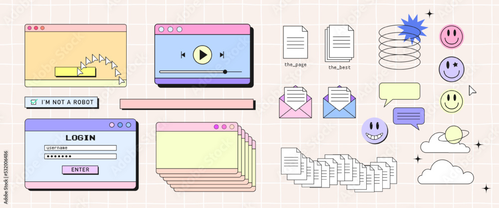 Retro browser computer window set in 90s vaporwave style with smile face hipster stickers. Collection of pc desktop popup message boxes and user interface elements, Vector illustration of UI and UX - obrazy, fototapety, plakaty 
