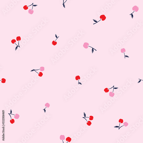 Hand-drawn Cherry seamless repeat print pattern textile background vector