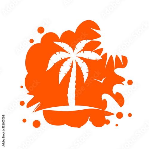 Palm tree on abstract tropical print. Orange silhouette beach isolated on white background. Coconut tree, bird, sun and shore for design summer prints. Travel icon. Vector illustration