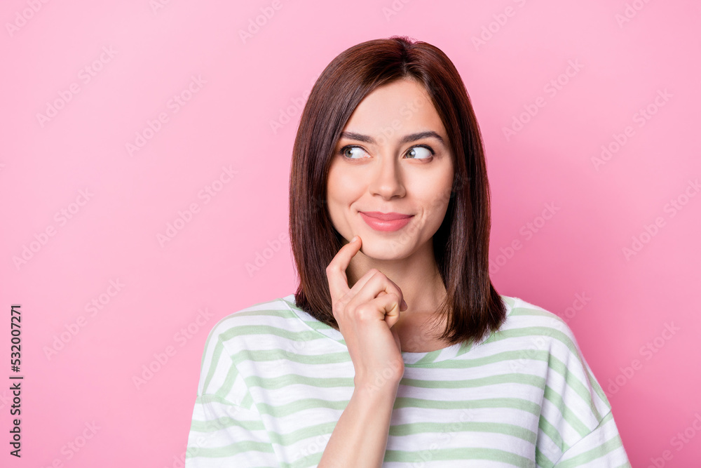 Closeup photo of young adorable funny girl touch finger cheeks minded dreamy look empty space think isolated on pink color background Closeup photo of young adorable funny girl touch finger cheeks minded dreamy look empty space think isolated on pink color background