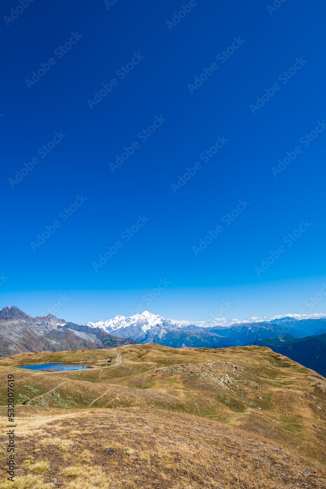Mountain hiking landscape in Mestia, Svaneti region in Georgia. mountain landscape around Koruldi lakes area with snow in Caucasus Mountain hiking landscape in Mestia, Svaneti region in Georgia. mountain landscape around Koruldi lakes area with snow in Caucasus
