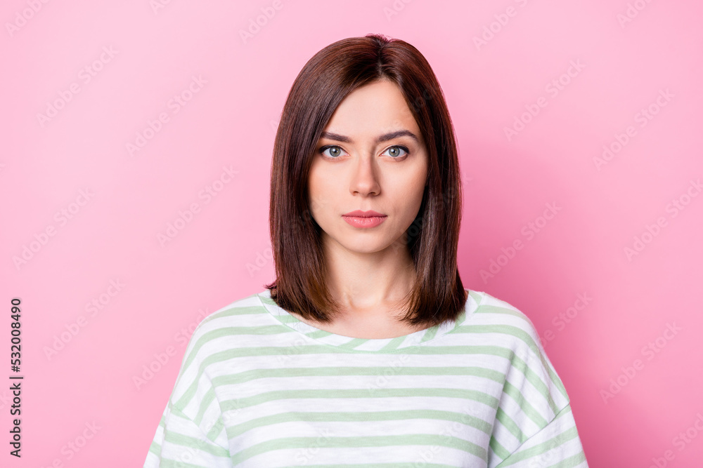 Closeup photo of young attractive cute woman look you serious leader chief boss isolated on pink color background Closeup photo of young attractive cute woman look you serious leader chief boss isolated on pink color background