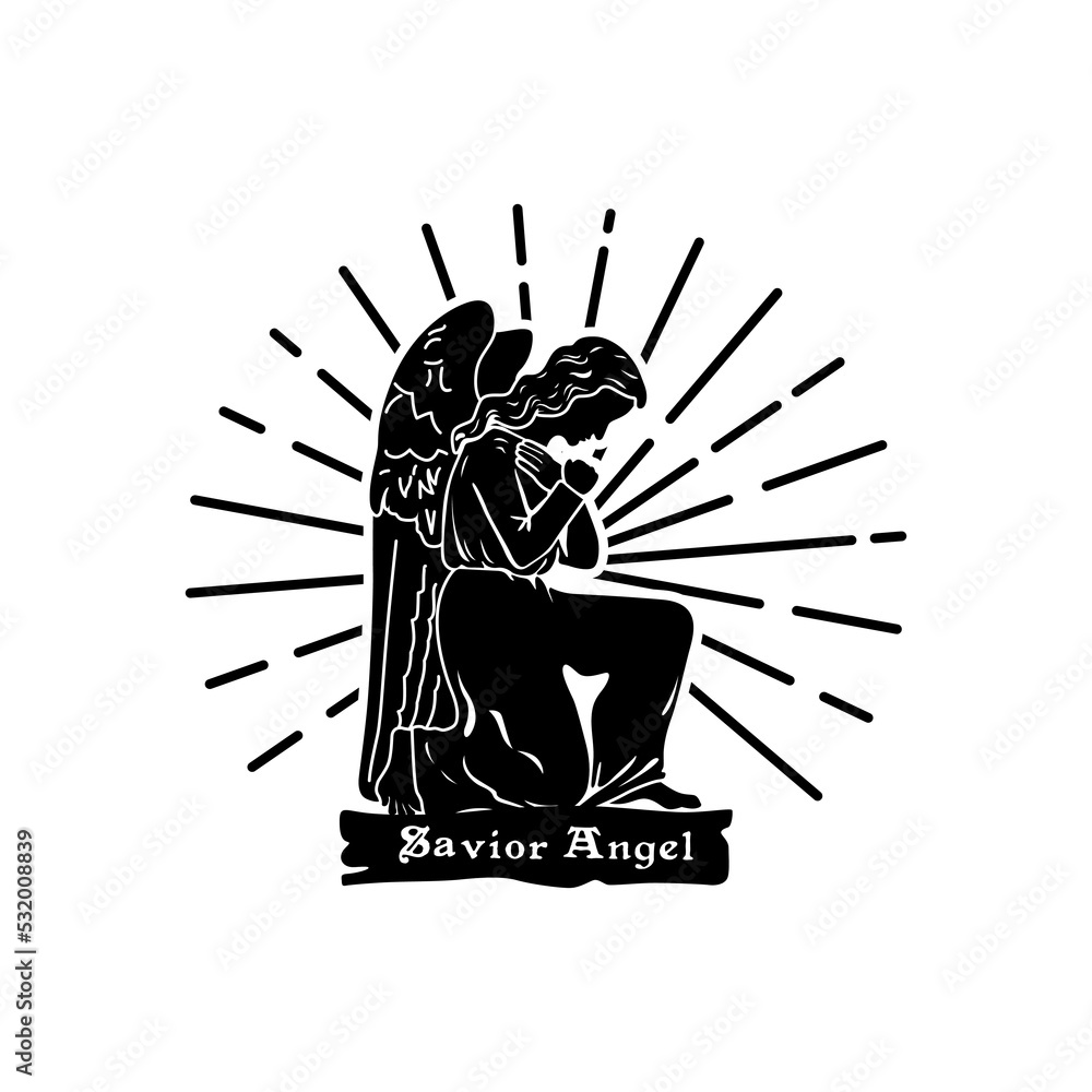 Illustration of a winged angel kneeling on a light background Illustration of a winged angel kneeling on a light background