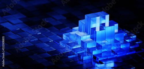 3d abstract render of blue glass cubes in grid forming data trend