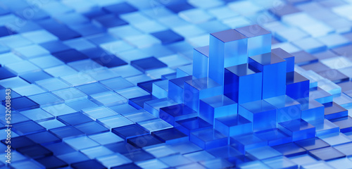 3d abstract render of glass cubes in grid forming data trend