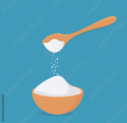 Vector illustration of a salt or sugar in a wooden bowl and in a wooden spoon.